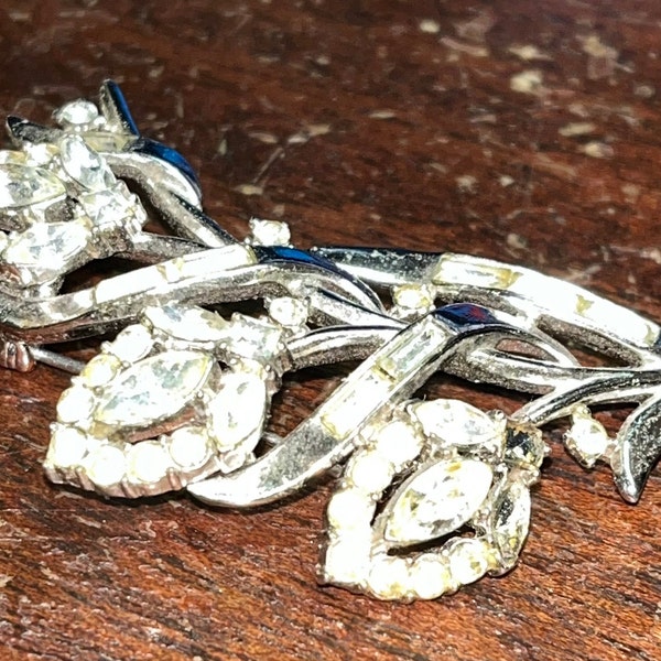 Vintage Crown Silver Tone Trifari Alfred Philippe Rhinestone Brooch Pin - Missing 2 Stones, 3 Flower Stem Brooch