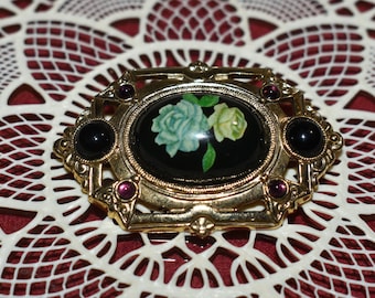 Black Floral Brooch Porcelain Cabochon, Gold Tone Openwork, Purple Translucent Cabochon