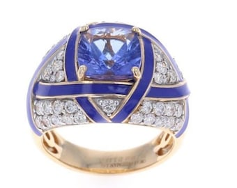 Vintage Tanzanite VS Diamond Yellow Gold  Ring, Beautiful, GAL Certified, 2.85 Carat, 88 Round Cut Diamonds