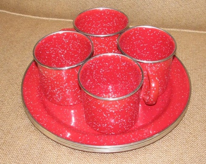 Vintage Enamelware Camping Plates & Cups, Red, White Speckled, Outdoor