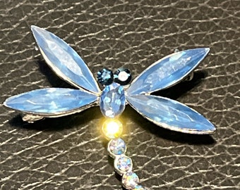 Vintage Blue Rhinestone Dragonfly Brooch, Insect Pin