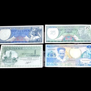 May include: Four Surinamese banknotes of varying denominations are displayed against a black background. The notes feature text in Dutch, with images of people, buildings, and geometric designs. The denominations are 1, 5, and 25 Gulden.