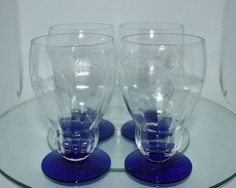 1930s Weston Cut Glass WGL2 (Blue Foot) Ice Tea Glasses Wheat Floral Design, Cobalt Foot, Beautiful! (4) Hollywood Regency Glassware