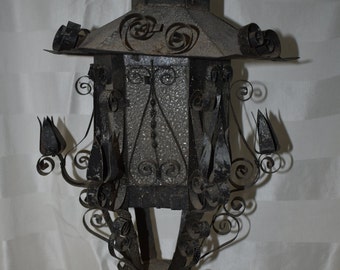 Vintage Gothic Spanish Revival Ornate Scrolled Lantern Tealight Candle Holder,  Luminary Mexico, Patio Lighting, Raindrop Glass Panels