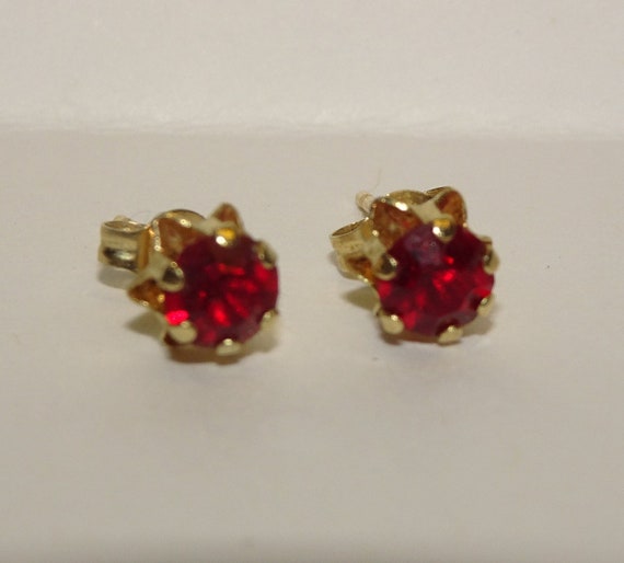 14K Gold Garnet Post Earrings, Deep Red Garnet Co… - image 1