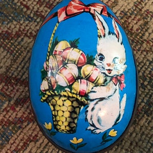 Vintage Lithograph White Bunny Tin Egg, Easter Bunny egg British Crown Colony, Made in Hong Kong, Easter Egg Basket Décor image 2