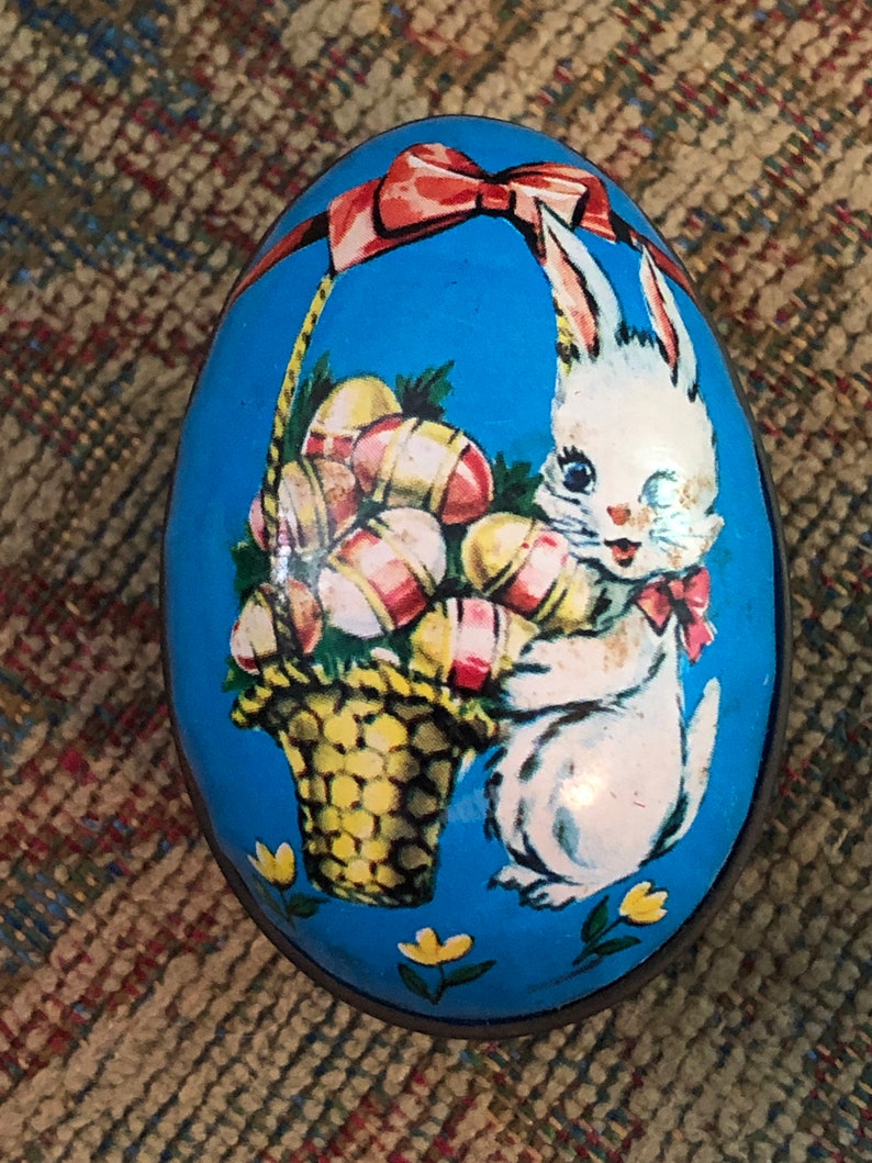 Vintage Lithograph White Bunny Tin Egg, Easter Bunny egg British Crown Colony, Made in Hong Kong, Easter Egg Basket Décor image 2