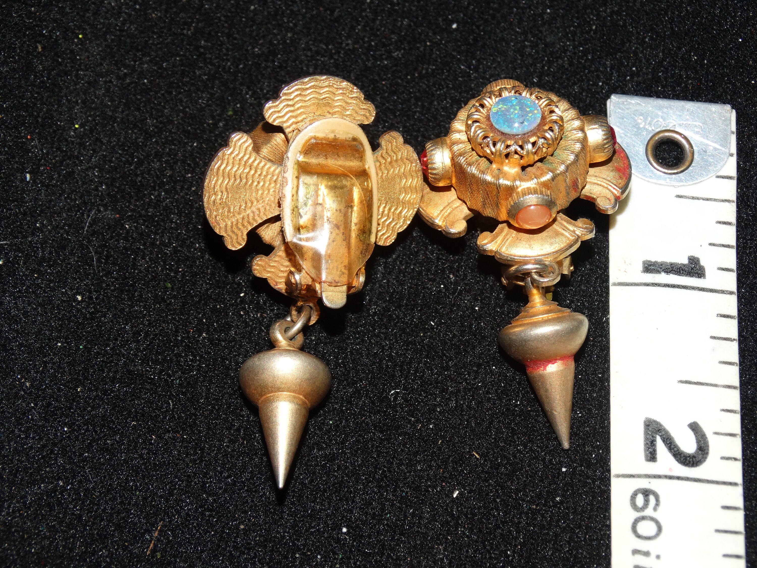 Vintage Natasha Stambouli Clip on Gold Tone Dangle Earrings, Opals 