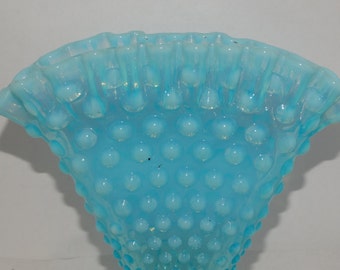 Vintage Large Vintage Fenton Aqua Opalescent Glass Hobnail Fan Vase, Mid Century, 50s, Spring Time Flower Vase, Fan Hobnail Fenton Vase