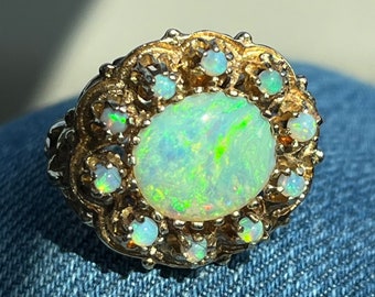 14K Yellow Gold Opal Filigree Ring: Aurora Borealis Statement Jewelry