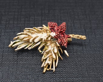 Mid Century Christmas Swag Pine & Berries Gold Red Enamel Vintage Gold Tone Brooch Pin Snow Covered Needles