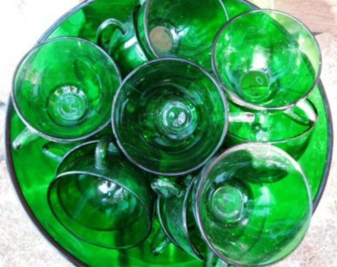 Green Glass Punch Bowl Set 15 Cups, Egg Nog Bowl & Cups, Holiday