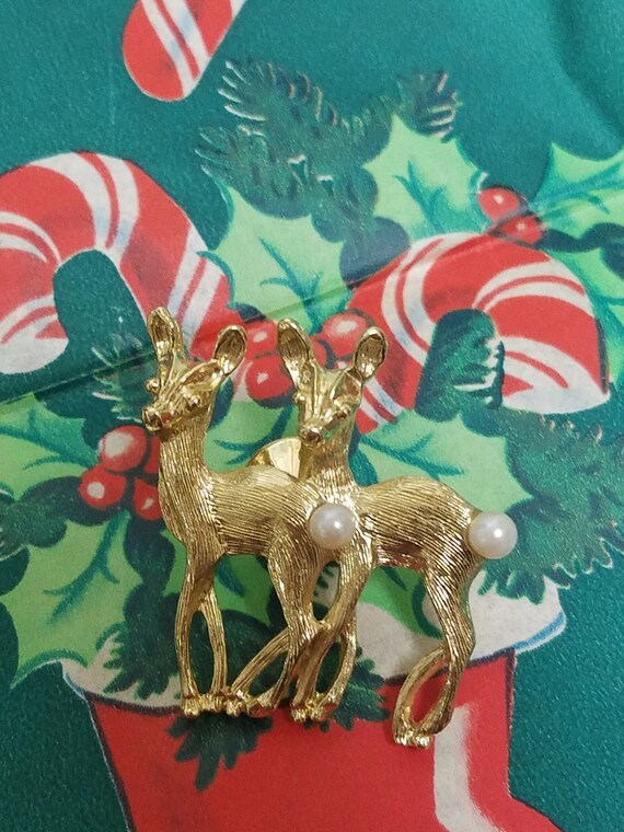 Reindeer Christmas Pin - Vintage Twin Reindeer Ch… - image 3
