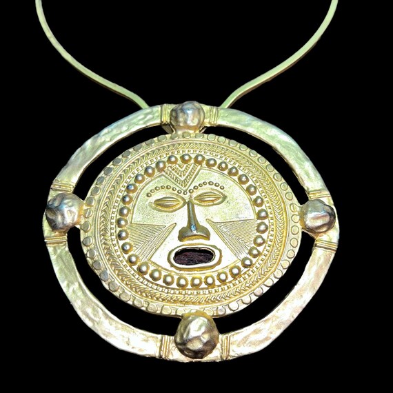 Vintage Gold Tone Aztec Mayan Brooch Pendant: Boh… - image 2