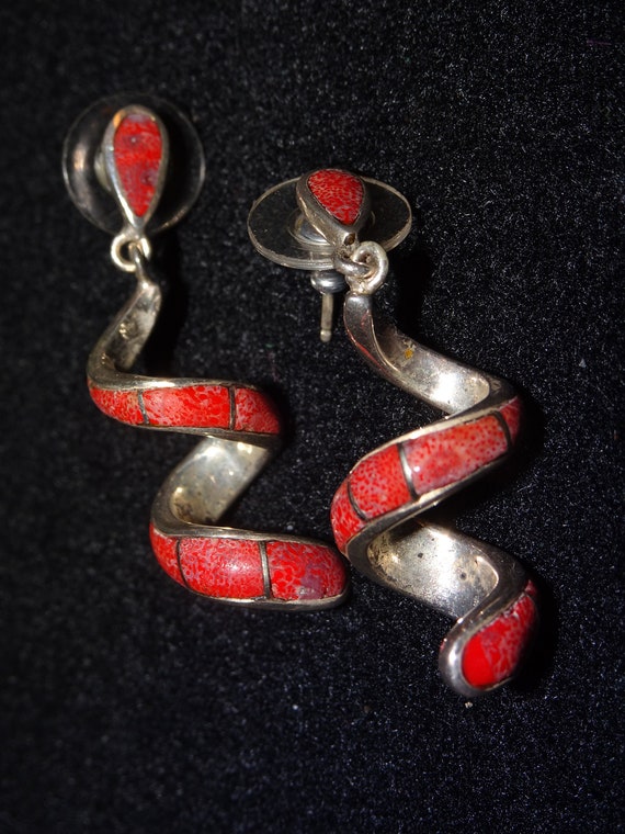 Vintage Sterling & Coral Earrings, Swirl Red Cora… - image 2