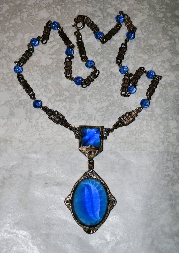 Vintage Blue Victorian Pendant Necklace, Antique S