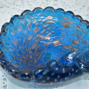 Murano Italian Bullicante Scalloped Edge Shell Shaped Teal Blue Art Glass with Copper Aventurine, Beautiful, Soap Dish, Ashtray, Cigar Bowl image 1