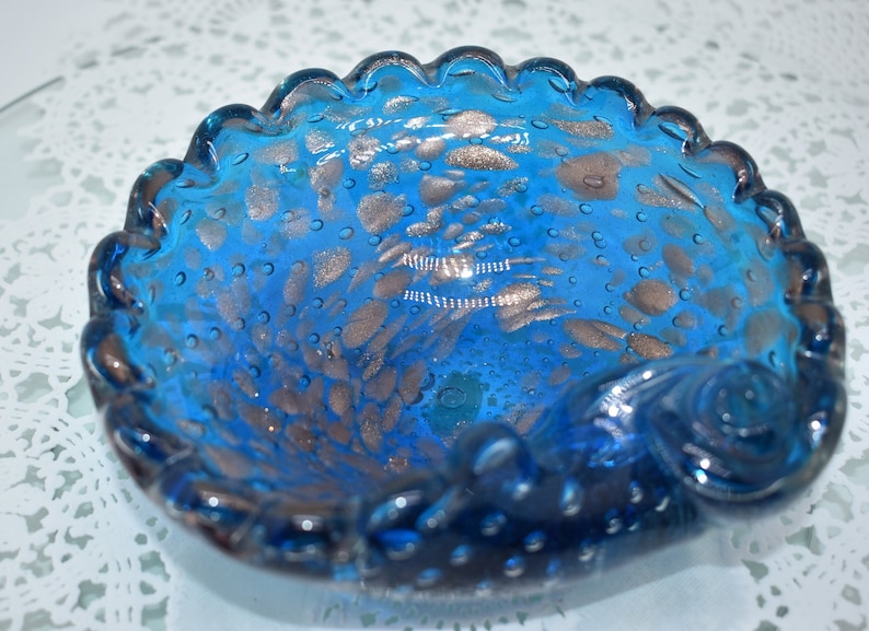 Murano Italian Bullicante Scalloped Edge Shell Shaped Teal Blue Art Glass with Copper Aventurine, Beautiful, Soap Dish, Ashtray, Cigar Bowl image 1