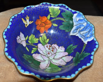 Gorgeous Blue Cloisonne Floral Bowl, Trinket Bowl, Flower Garden with Bird, Jewelry Holder, Decorative Bowl