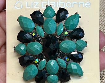 Vintage Liz Claiborne Teal, Turquoise Blue Statement Brooch, Multi Colored Emerald Green Brooch Pin