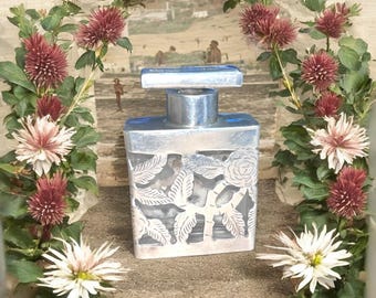 Sterling Silver Overlay  Miniature Scent / Perfume Bottle, Mexico Filagree Victorian Bottle, Roses