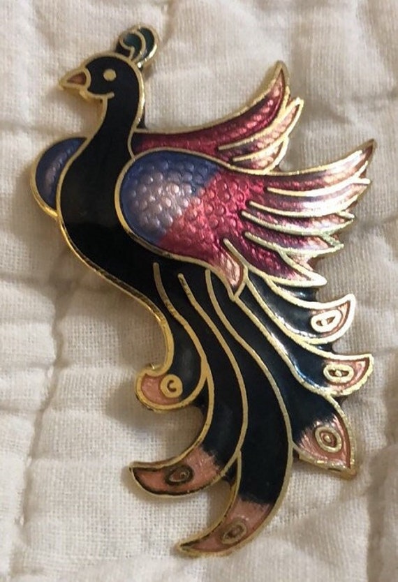 Vintage Cloisonne Peacock Brooch, Design, Enamel P