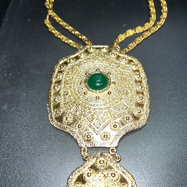 Vintage Napier Gilded Gold Tone Statement Pendant Necklace, Egyptian Collection, Faux Jade Stone, Brutalist, Designer  Eugene Bertolli