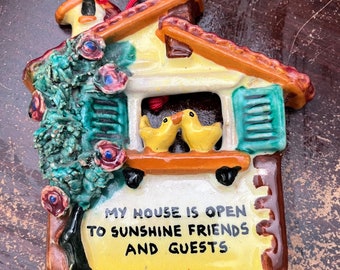 1990 Ceramic Italy wall plaque “My house is open to Sunshine Friends and Guests” Yellow Kissing Birds, window seal