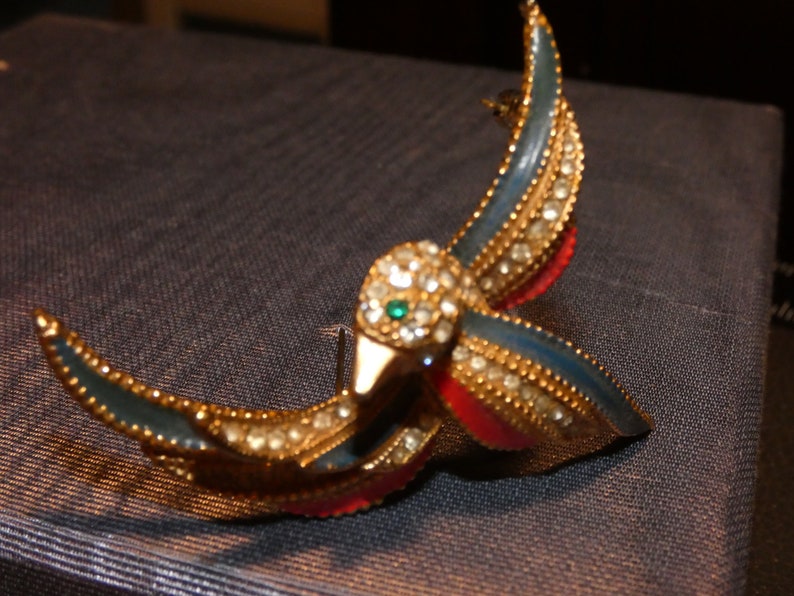 Vintage Gold Tone Red & Blue Rhinestone Bird Brooch Unsigned Patriotic Bird Brooch, Sparrow Pin, Green eyed Bird image 1