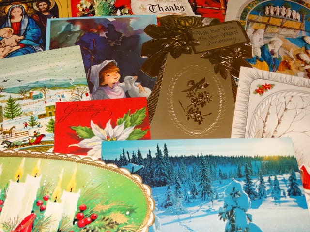 Christmas Cards, Greeting Cards, Christmas Scrapbooking, 1930's - 1950's, Mixed Media, X-Mas 10 cards, Nostalgic Christian Artwork Lot #01