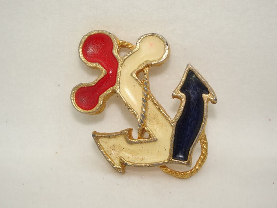 Vintage Gold Tone Enamel Anchor Pin, Patriotic Je… - image 1