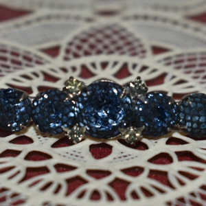 Rare Kramer of New York Blue Rhinestone Bar Brooch KRAMER of New York, Classic Mid Century, Thread Fish Net Covering