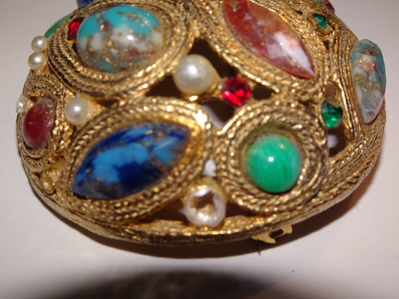 Vintage Oval Gold & Multi-Colored Stoned Brooch, … - image 4