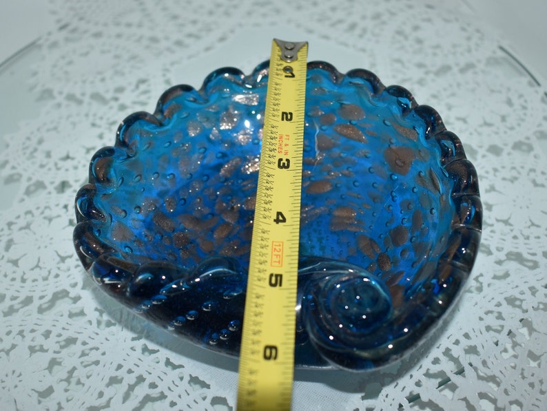 Murano Italian Bullicante Scalloped Edge Shell Shaped Teal Blue Art Glass with Copper Aventurine, Beautiful, Soap Dish, Ashtray, Cigar Bowl image 7