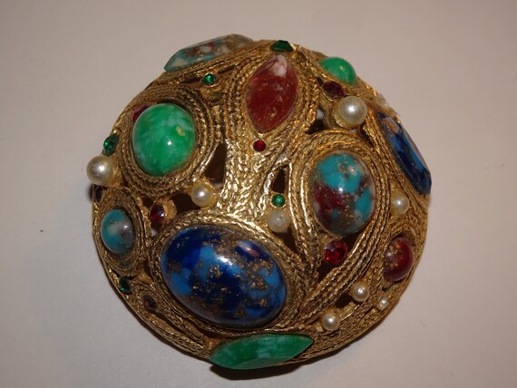 Vintage Oval Gold & Multi-Colored Stoned Brooch, … - image 2