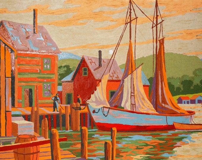 Retro 60's Paint by Number Wood Board, Dock, Sailboats, Beach, Sailing