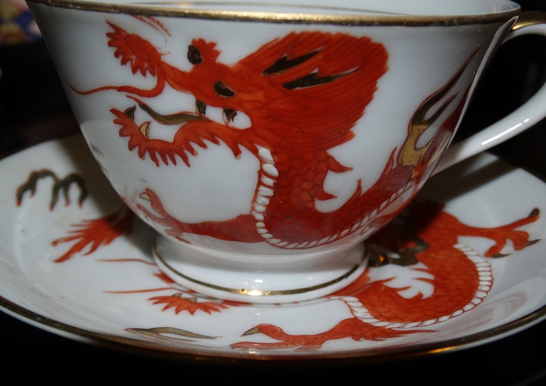 Vintage Porcelain Ming Chinese Red Dragon Teacup & Saucer Set, Made in Japan image 1