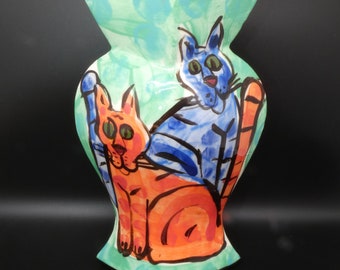 Abstract Colorful Cat Vase, Scaredy Cat Vase, Signed, Ceramic Pottery Art Vase