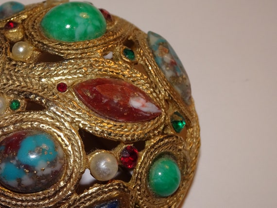 Vintage Oval Gold & Multi-Colored Stoned Brooch, … - image 3