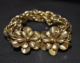 Rare 1938  Joseff Of Hollywood Gold Tone Double Camellia Flower 3 Strand Chain Link Clasp Bracelet, Gold Flower Bracelet