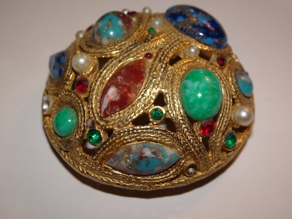 Vintage Oval Gold & Multi-Colored Stoned Brooch, … - image 5