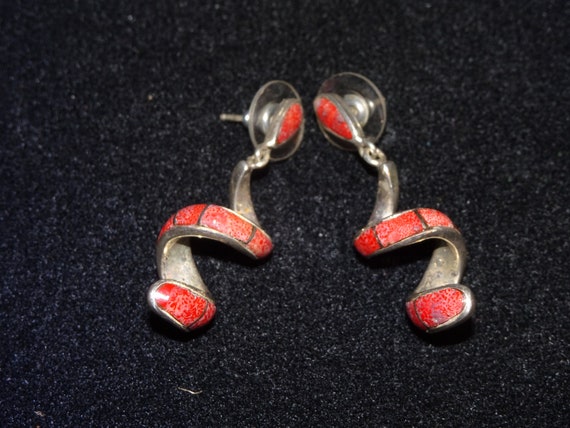 Vintage Sterling & Coral Earrings, Swirl Red Cora… - image 1