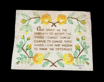 1970's Serenity Prayer Crewel Embroidery by Pauline Denham, Relgious Prayer