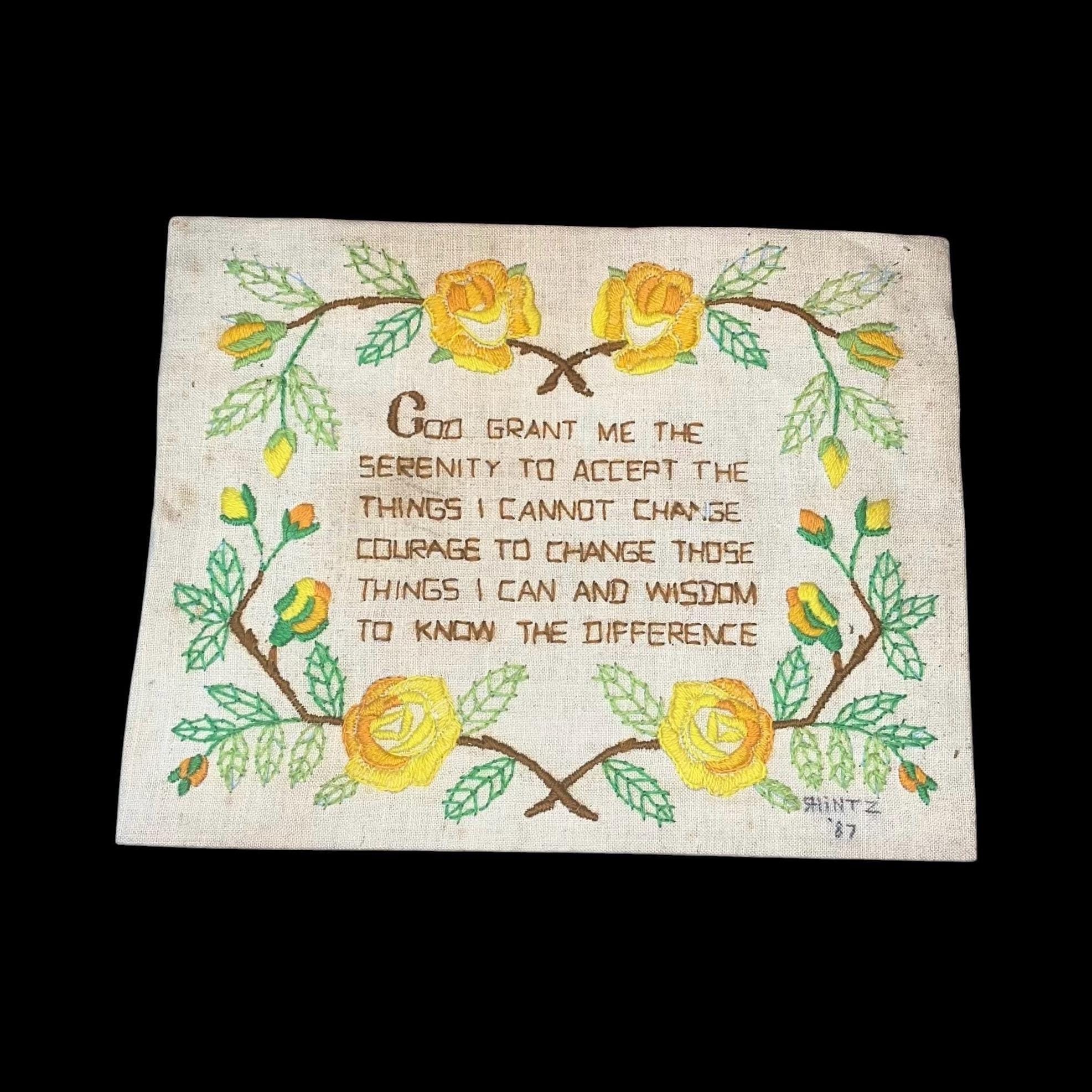 1970's Serenity Prayer Crewel Embroidery by Pauline Denham, Relgious Prayer