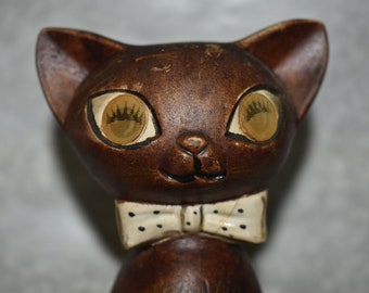 Vintage Lego Winking Kitty Cats Salt Shaker Figure, Brown Bow Tie Kitten Shaker Figure