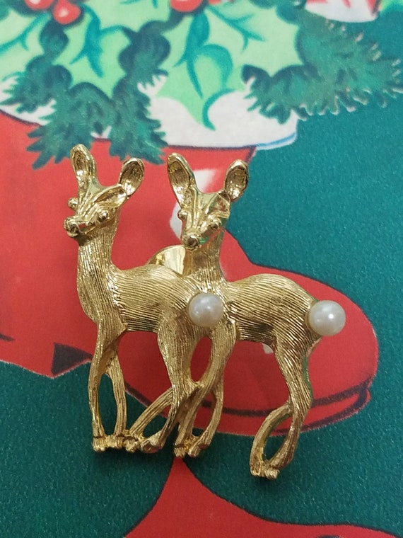 Reindeer Christmas Pin - Vintage Twin Reindeer Ch… - image 2