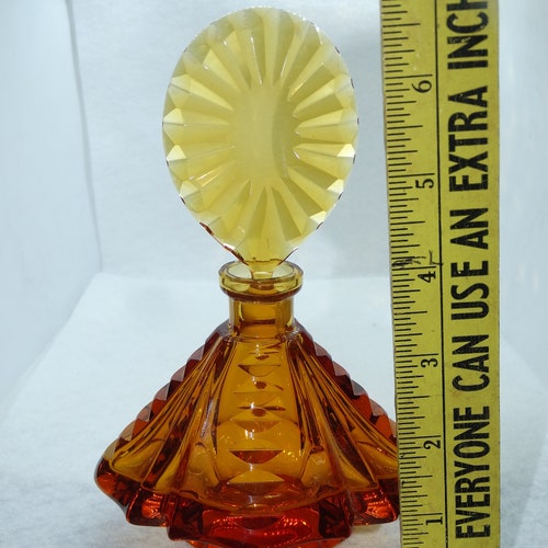 Gorgeous Amber Colored Cut Glass authentic Perfume Bottle, Czech Glass Like, Art Deco Style