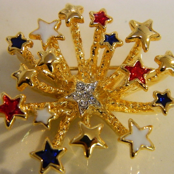 4th of July Brooch, Fireworks, Fire Works, Red, White & Blue, Stars and Stripes, Fire Cracker, Red Star