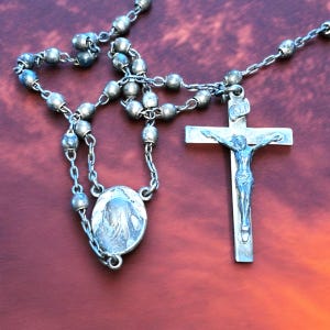Vintage Sterling Silver Catholic Rosary: Virgin Mary Centerpiece & Crucifix