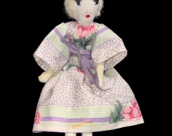 Vintage Handmade Cloth Doll Pink Floral Dress Signed Fabric Blonde Yarn Hair